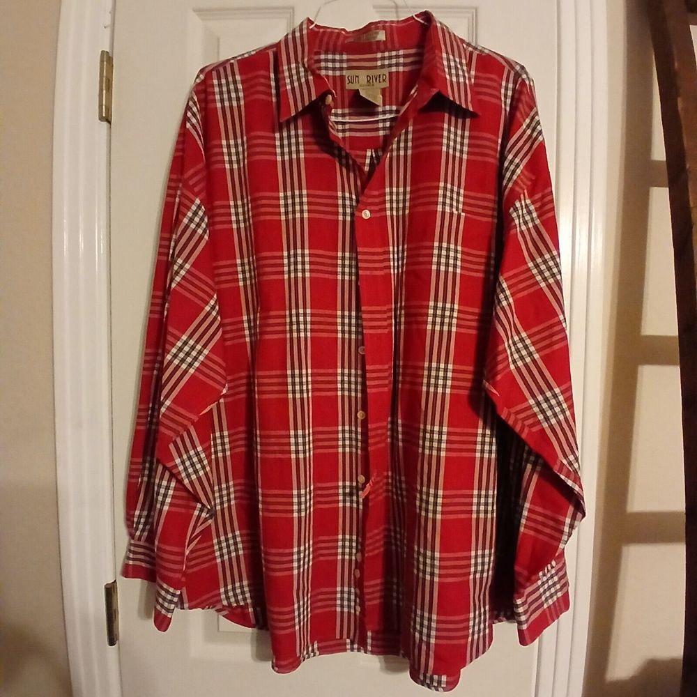 Sun River Long Sleeve Plaid Wrinkle Stain Resistant Red Blue Button Size 2XL